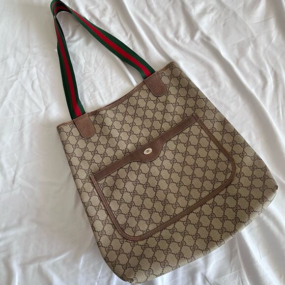 Vintage Gucci Sherry Line GUCCI GG Plus Tote Bag Leather Brown Beige Red Green - Picture 12 of 12